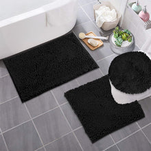 Load image into Gallery viewer, 3pc Set (Style B) Bath Rug + U Shape Toilet Mat + Round Toilet Lid Cover Rug, Black