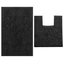Load image into Gallery viewer, 2 Piece Bath Rug + Square Cutout Toilet Mat Set, Black