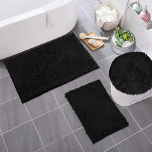 Load image into Gallery viewer, 3pc Set (Style C) Bath Rugs + Round Toilet Lid Rug, Black
