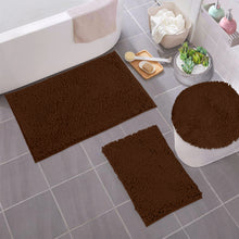 Load image into Gallery viewer, 3pc Set (Style C) Bath Rugs + Round Toilet Lid Rug, Brown
