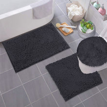 Load image into Gallery viewer, 3pc Set (Style B) Bath Rug + U Shape Toilet Mat + Round Toilet Lid Cover Rug, Charcoal
