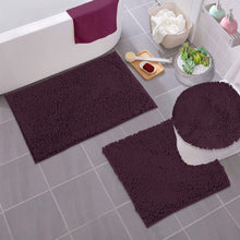 Load image into Gallery viewer, 3pc Set (Style B) Bath Rug + U Shape Toilet Mat + Round Toilet Lid Cover Rug, Plum
