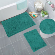 Load image into Gallery viewer, 3pc Set (Style C) Bath Rugs + Round Toilet Lid Rug, Turquoise
